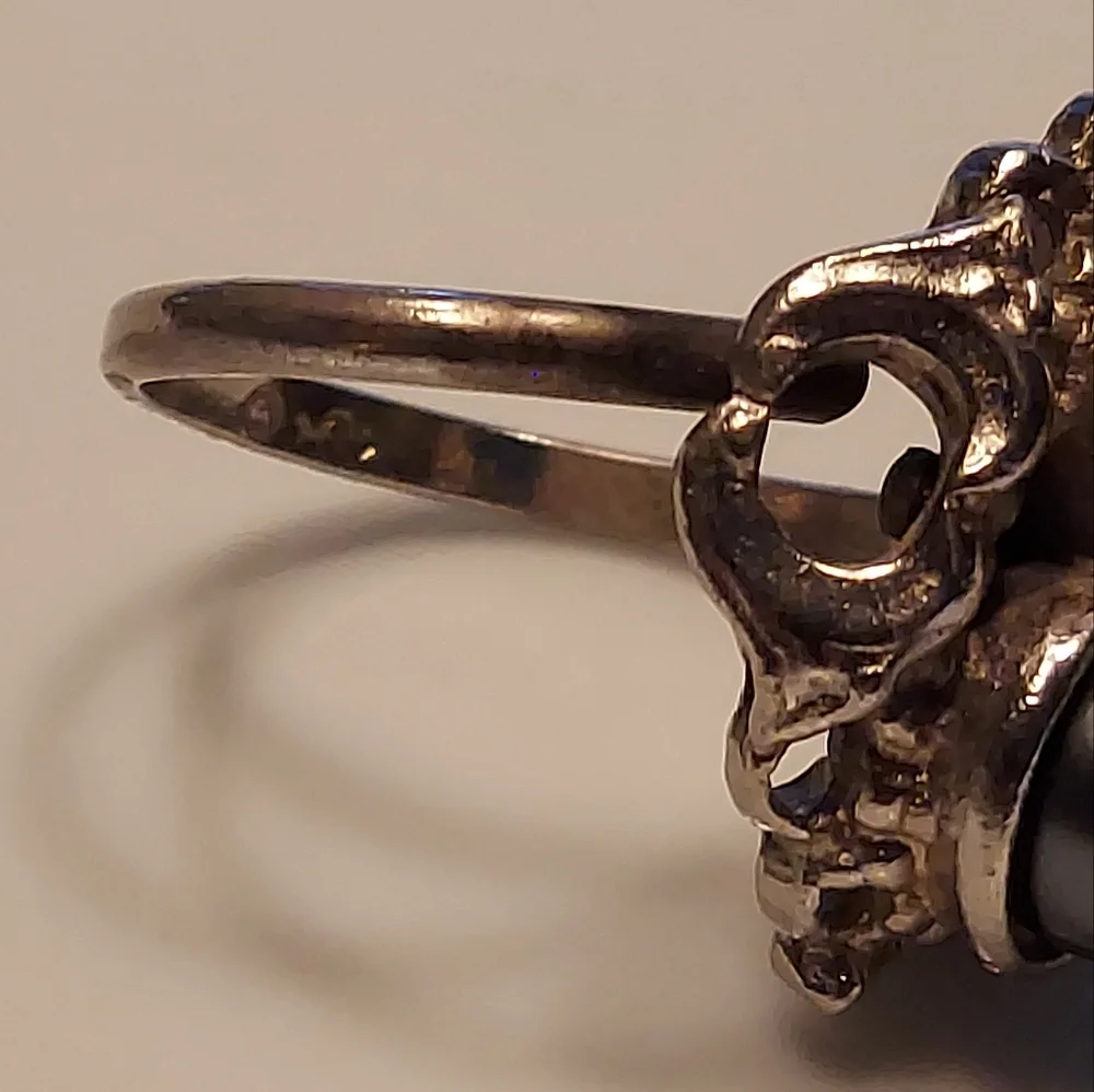 Vintage 10k WG Plated Silver White & Black Pearls Chunky Adjustable Ring RARE